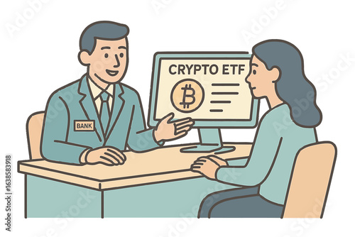 Crypto etf consultation at bank: financial advisor discussing cryptocurrency investments