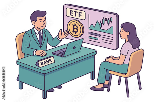 Isometric financial consultation with bitcoin and etf investment discussion
