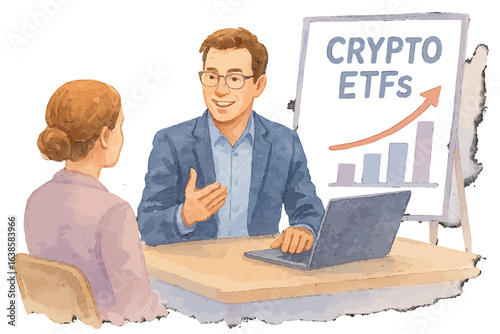 Financial consultant discussing rising crypto etfs trend with client in watercolor style