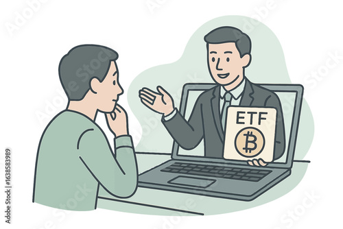 Investor discussing bitcoin etf with financial advisor on laptop screen