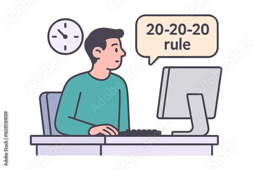 Flat design office worker practicing 20-20-20 rule to reduce eye strain