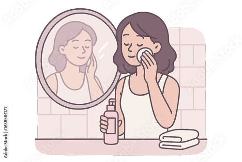 Woman cleansing face with cotton pad in minimalist bathroom setting