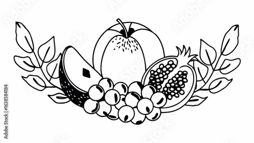 Fresh fruit arrangement with apple, grapes, pomegranate, and leaves, perfect for designs