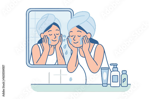 Woman in bathroom mirror enjoying skincare routine in calm blue tones