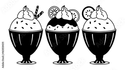 Delicious sundae treats with fresh fruit slices and whipped cream in elegant black and white