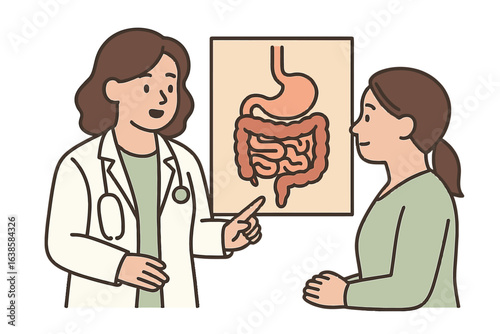 Gastroenterologist consultation with patient discussing digestive health diagram