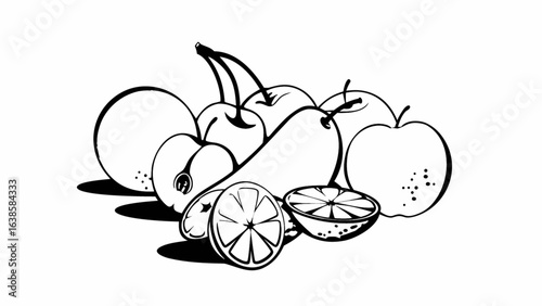 Fresh fruit assortment illustration with apples, pears, oranges, and cherries, healthy eating concept