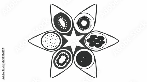 Unique fruit slices arranged in a starburst design for food, health, and wellness concepts