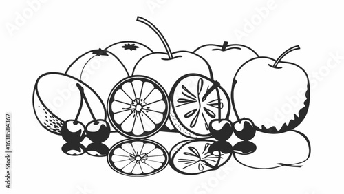 Fresh fruit arrangement illustration with vibrant apples, oranges, cherries, and kiwi slices for healthy eating