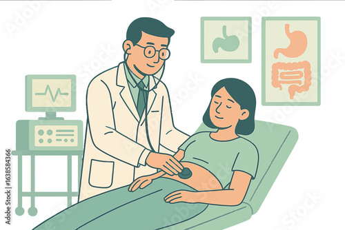 Doctor conducting prenatal checkup in modern medical clinic setting with pastel tones