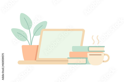 Glowing workspace with plant, books, laptop, and coffee cup in neon style
