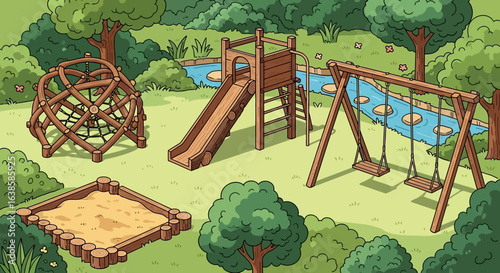 Charming wooden children's playground with a slide and swings set in a lush green park landscape illustration.