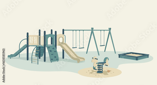 Colorful outdoor children's playground with a slide, swings, and sandbox. Vector illustration for childhood recreation.