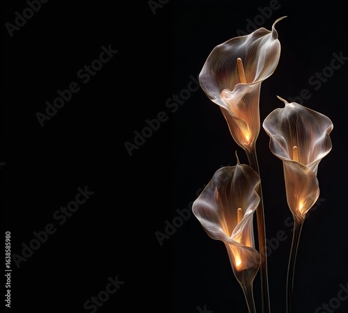 Transparent Calla Lilies Glowing against a Black Background with Copy Space 