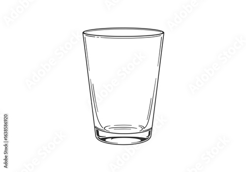 A clear empty drinking glass is centered with simple lineart design and a rounded bottom