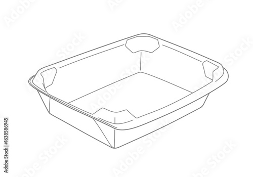 A gray empty open rectangular takeout container shown at an angled eyelevel perspective on a white background