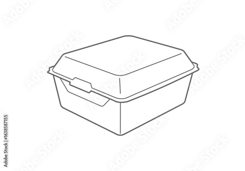 A styrofoam takeout box with a lid is depicted