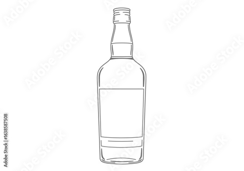 Outline of a liquor bottle featuring a square label area and tiered base depicted in gray