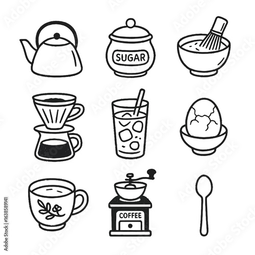 Minimalistic coffee and breakfast icons: tea, coffee, sugar, and cooking utensils