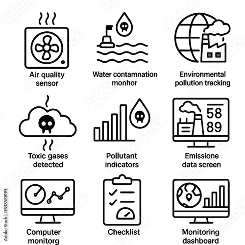 Eco monitoring icons for air and water pollution detection
