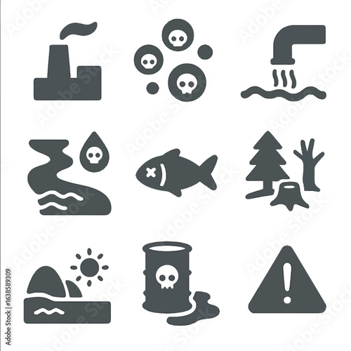 Environmental pollution icons set: silhouette industrial waste and water contamination symbols