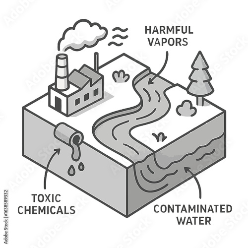 Isometric polluted landscape highlighting environmental risks and water contamination