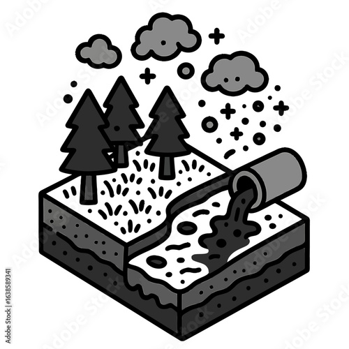 Isometric pollution scene with factory waste pipe and forest