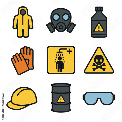 Safety gear and hazard signs: essential icons for workplace safety awareness