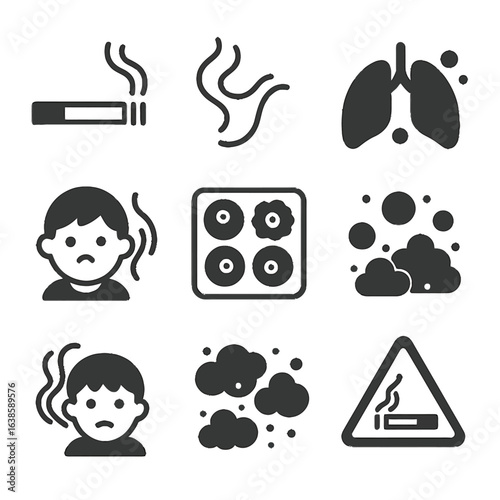Monochrome icons depicting smoking and air pollution effects