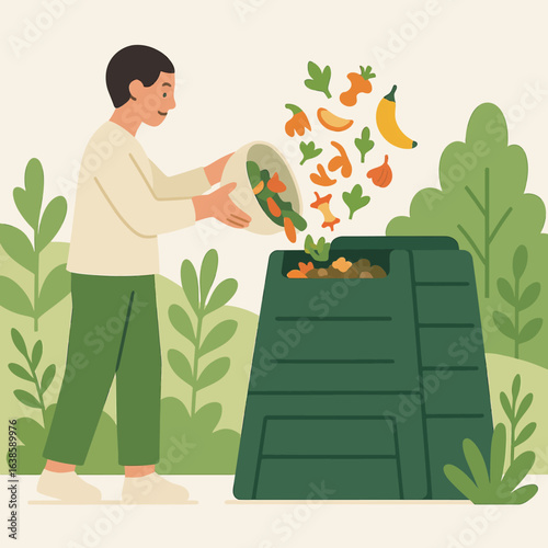 Man composting organic waste outdoors in eco-friendly garden setting