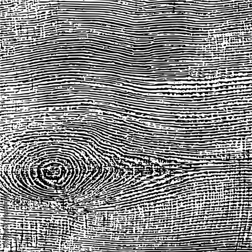 Detailed black and white wood grain texture with a prominent knot and flowing lines pattern
