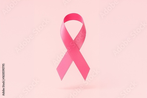 Minimalist concept of a pink ribbon floating on a pastel pink background, symbolizing breast cancer awareness, prevention, and support. Clean design, perfect for October Pink month campaigns.