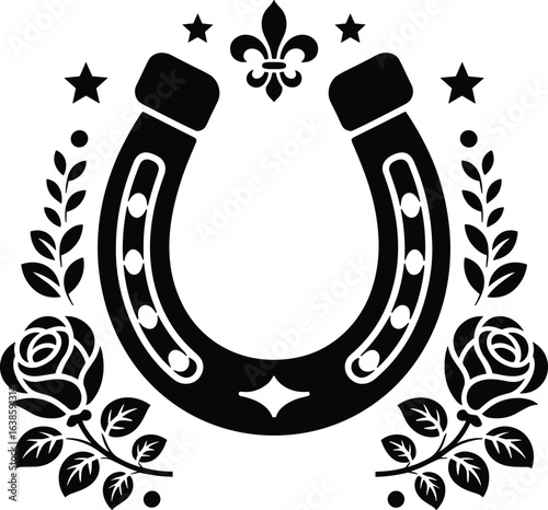 Lucky Horseshoe Western Graphic with Stars, Roses, and Fleur-de-Lis – Black and White Stencil Design