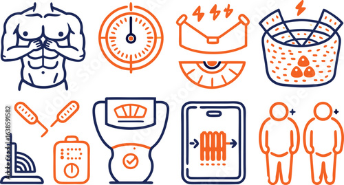 Health and Fitness Icons Representing Bodybuilding Weight Loss and Medical Devices vector illustration