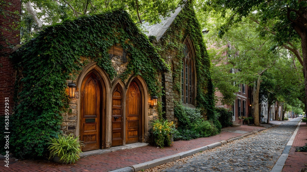 Fototapeta premium Stone church with ivy, wood doors on a cobblestone street