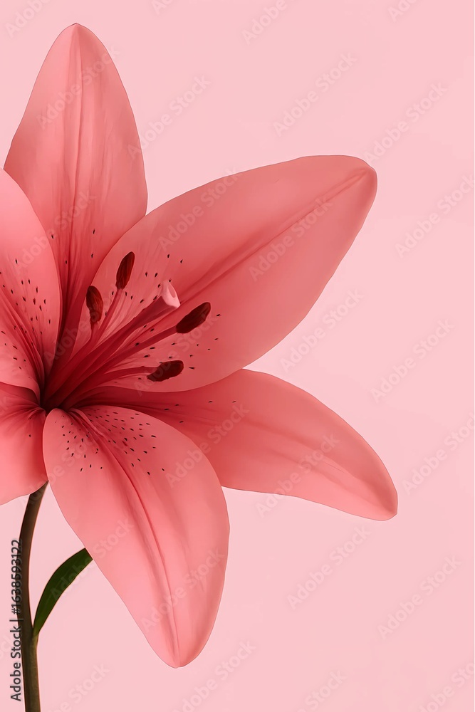 Naklejka premium Pink Lily Flower with Dark Stamens and Spotted Petals on Pink Background – Botanical Close-Up