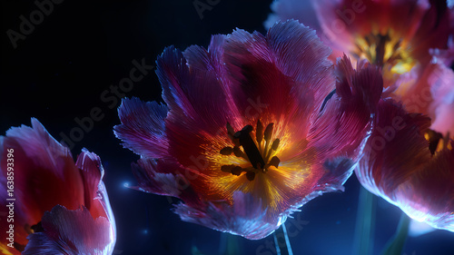 Parrot Tulips at Night - Dramatic Backlit Closeup Floral Art