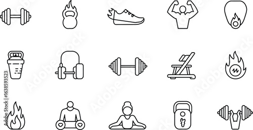 Collection of hand drawn fitness and gym equipment icons on white background
