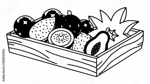 Fresh tropical fruit assortment in wooden crate, perfect for healthy lifestyle and delicious snacks