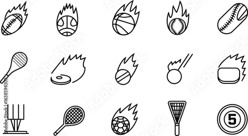 Collection of sports balls and equipment with flames and motion lines