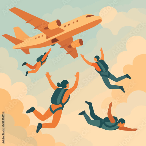Team skydiving adventure: group freefall from airplane in sky