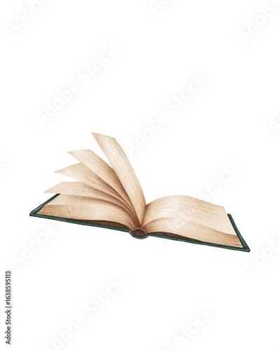 Watercolor illustration of an open book with flipping pages. Artistic style in warm beige tones, isolated on a transparent background. Perfect for educational materials, logos, posters, stationery
