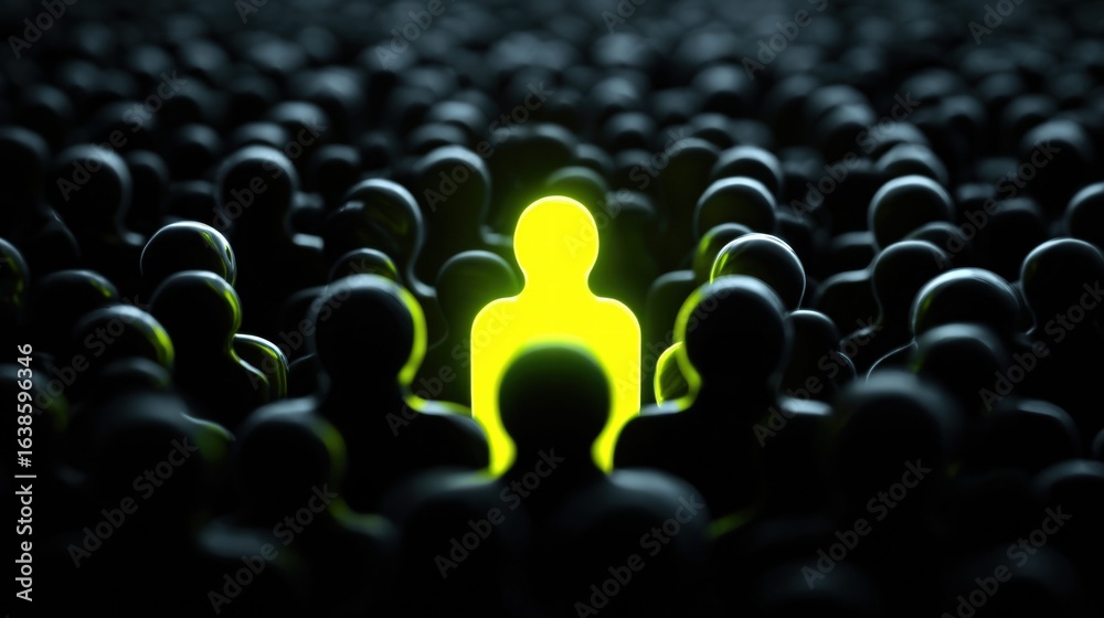 Fototapeta premium A vibrant yellow figure illuminated brightly, distinct from a sea of shadowy individuals.