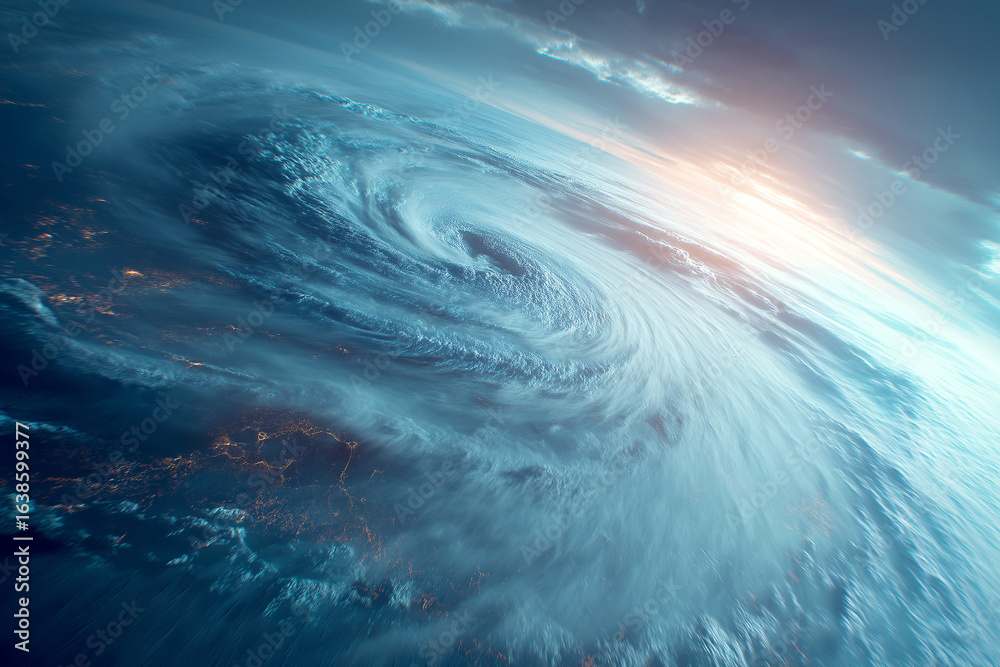 Fototapeta premium Summer Massive Typhoon Eye and Swirling Clouds Bringing Fear, Chaos, and Destruction Seen from Space 
