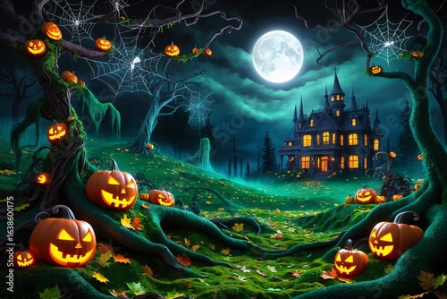 Halloween Scene Landscape Wallpaper, Spooky Halloween Landscape, Gothic Halloween Background, Green Halloween Scenery, Yellow Halloween Wallpaper, Halloween Wall Art