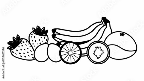 Fresh fruit assortment illustration with strawberries, bananas, oranges, kiwi, for healthy living