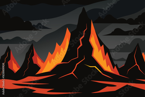 sharp black volcanic mountains  glowing lava river