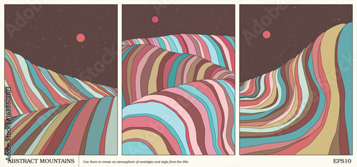Geometric striped mountains. Wavy colorful landscape. 1960s retro poster