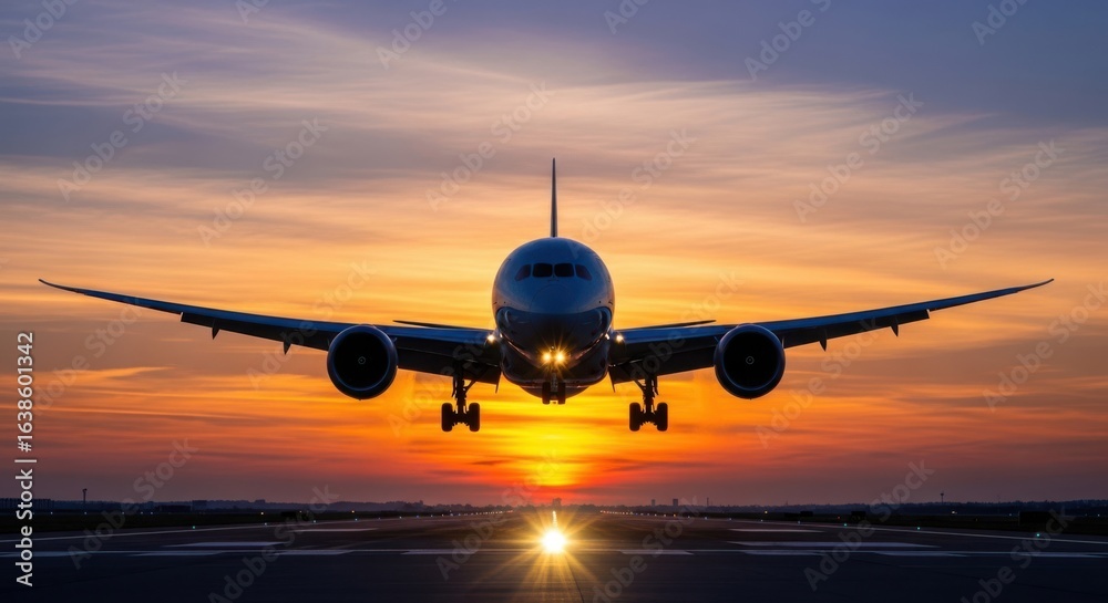 Airplane Approaching Runway During Stunning Sunset Sky Airplane Approaching Runway During Stunning Sunset Sky