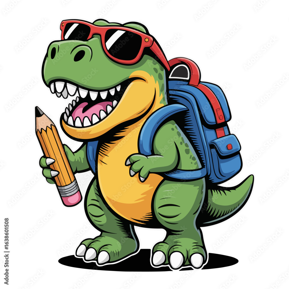 Obraz premium Cartoon Dinosaur Wearing Sunglasses And Backpack Holding Pencil t-rex tyrannosaurus rex
